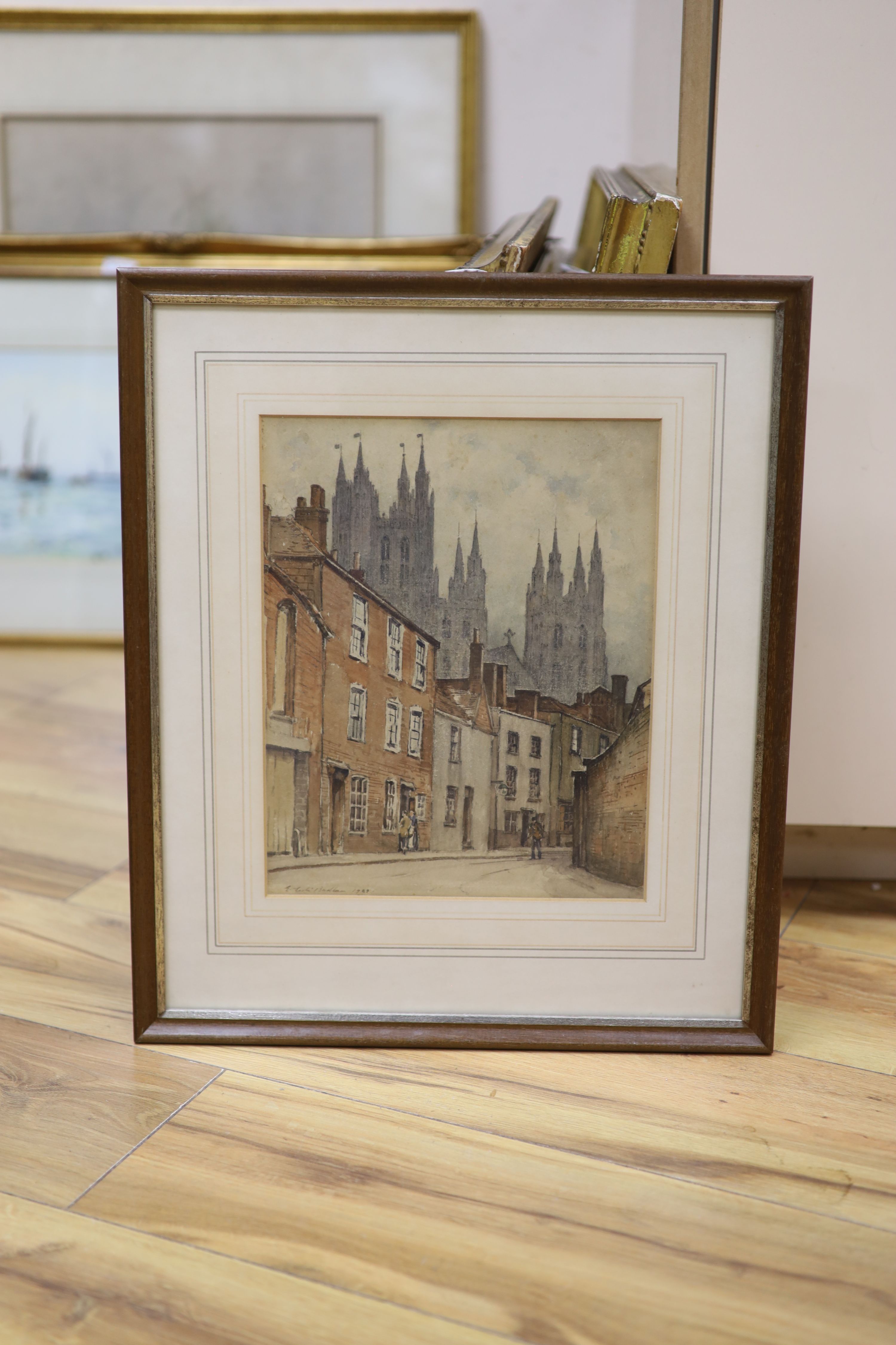 Edward Leslie Badham (1873-1944), watercolour, Cathedral town street scene, signed and dated 1929, 28 x 22cm